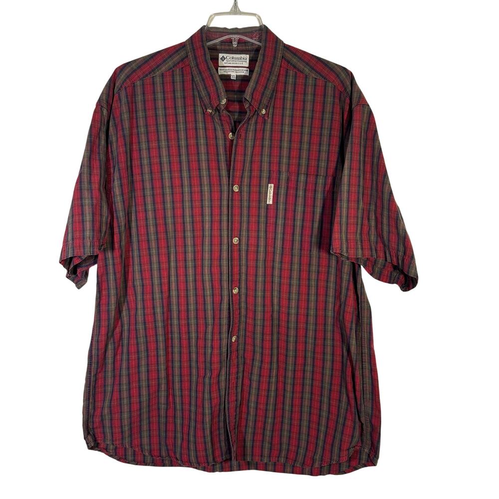 Vintage Columbia Men's XL Plaid Button Down Shirt Short Sleeve Red Gray